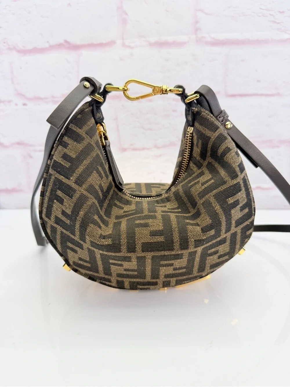 Fendi Denim Jacquard FF Effect Vitello Grace Mini Fendigraphy Hobo Bag Tobacco